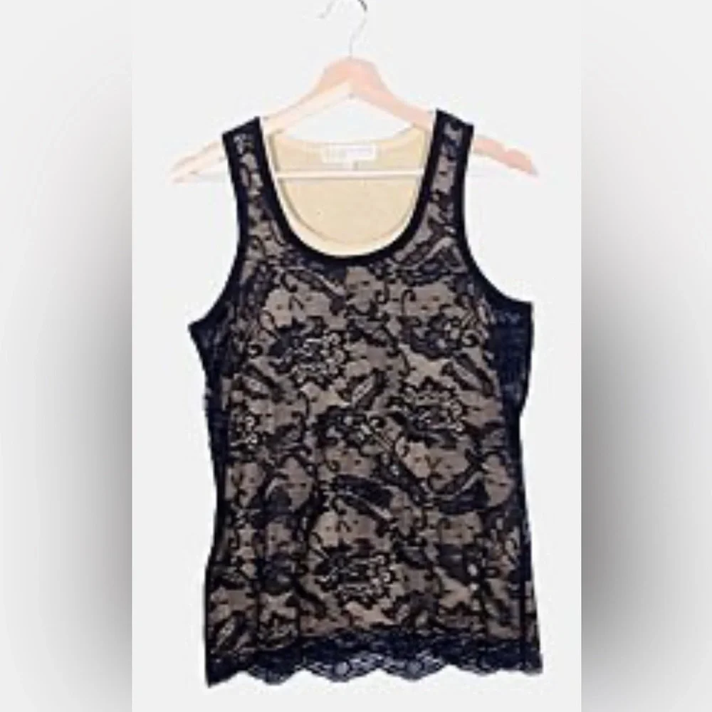 MICHAEL KORS XL BLACK LACE OVERLAY SLEEVELESS VEST TANK T-SHIRT TOP - EUC